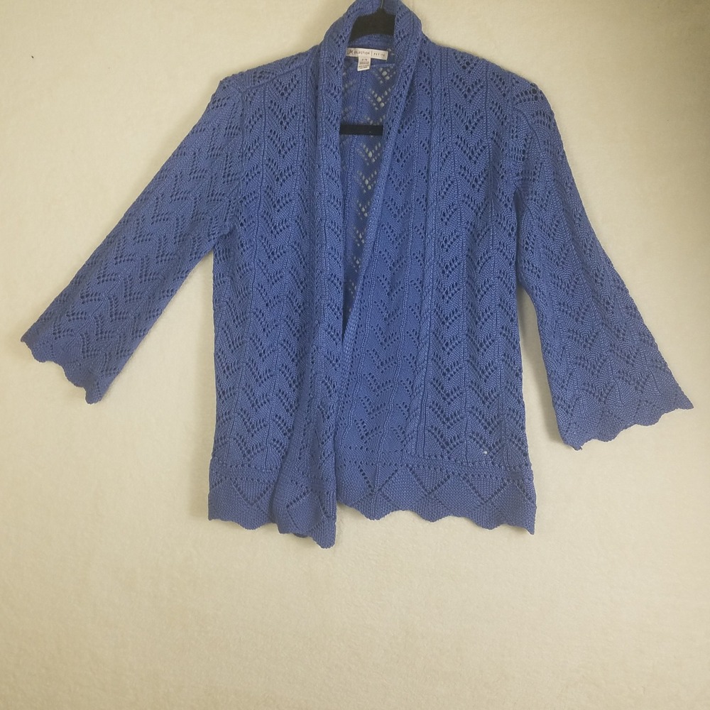 JM Collection Petite Medium Blue Pointelle Chevron‎ Open Front Cardigan Sweater
